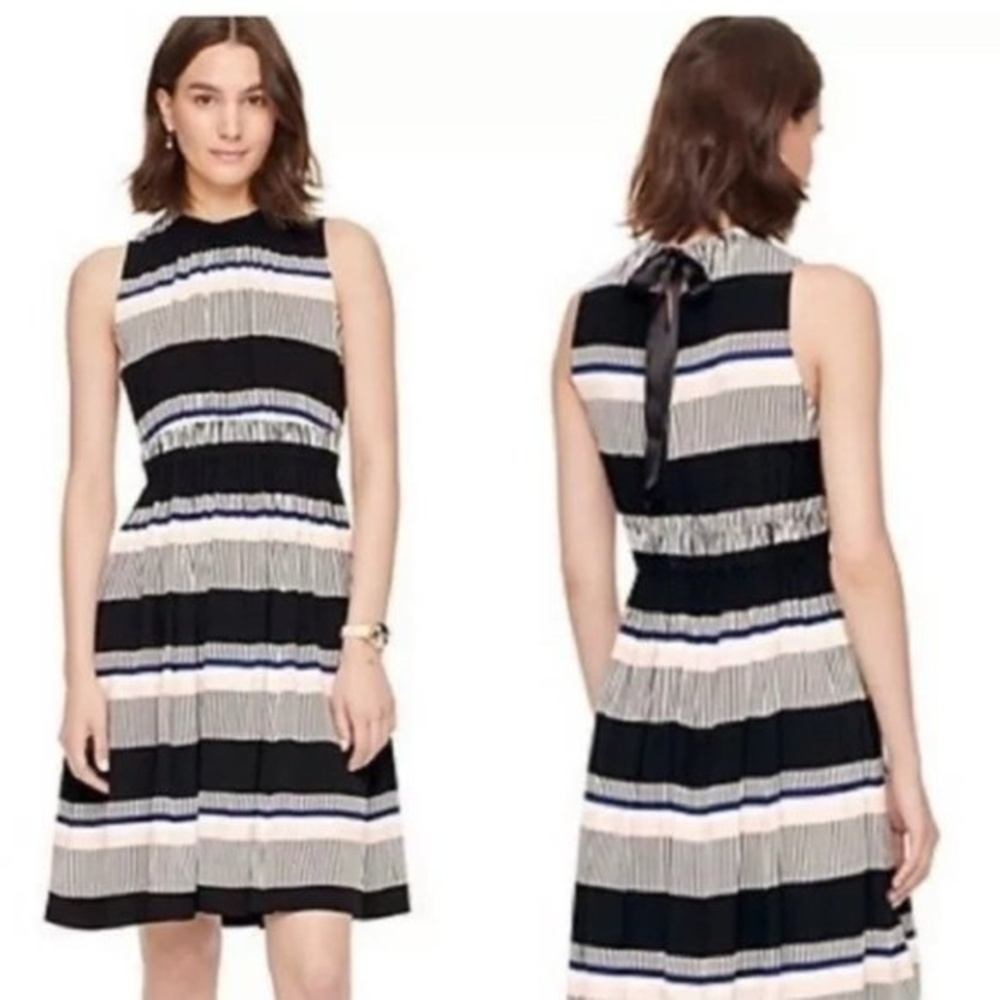 Kate Spade Sleeveless Bay Stripe Tie Back Black Pink Fit & Flare Dress Size 0